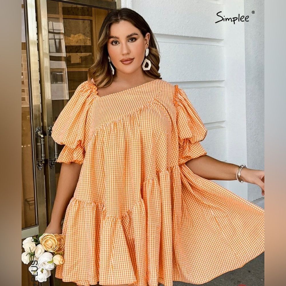 Simplee Plus orang/white seersucker gingham asymmetrical neck tiered ruffle midi